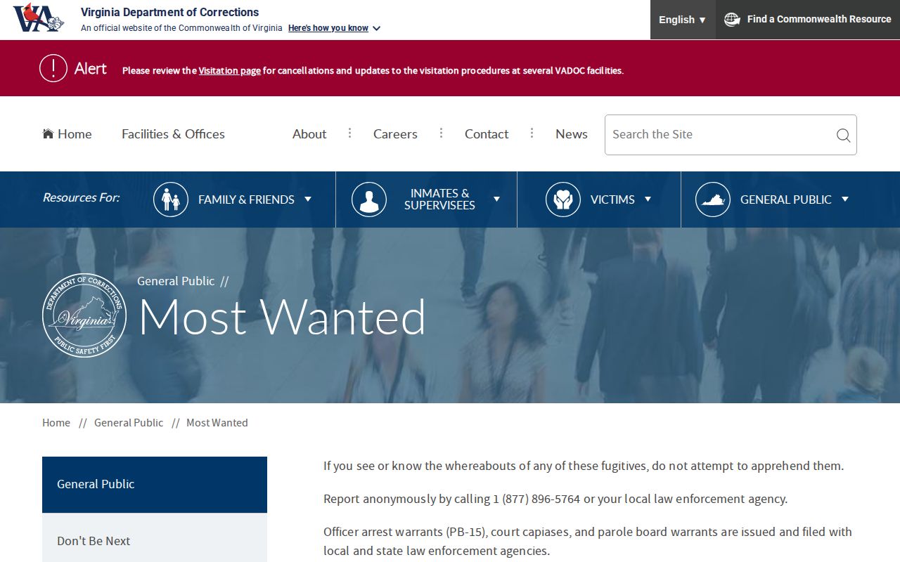 VADOC Most Wanted source for Arlington County parole and probation warrant context