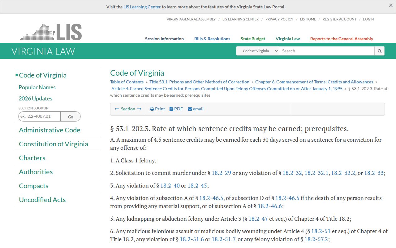 Virginia earned credit rates used in Arlington County projected release date review