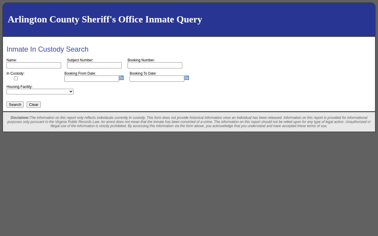 Arlington County current custody query used before a released inmate record request